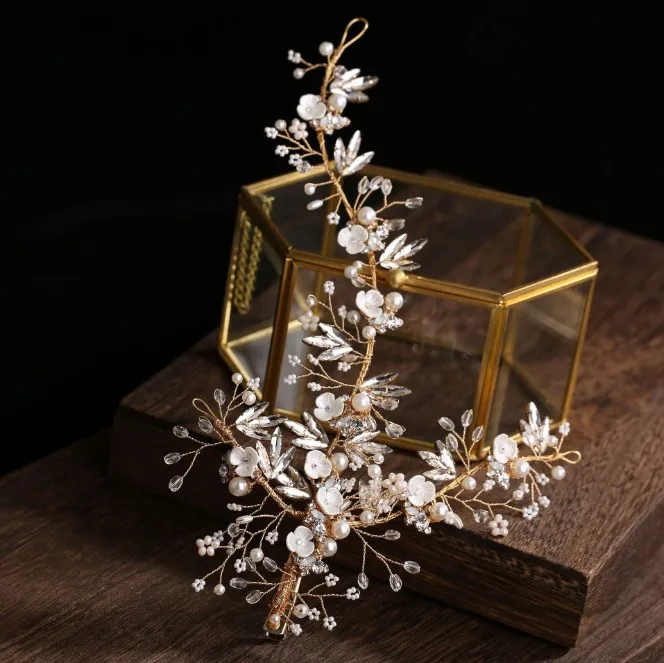 Длинные розовые золотые выпускные невесты цветок аксессуары для волос жемчуг