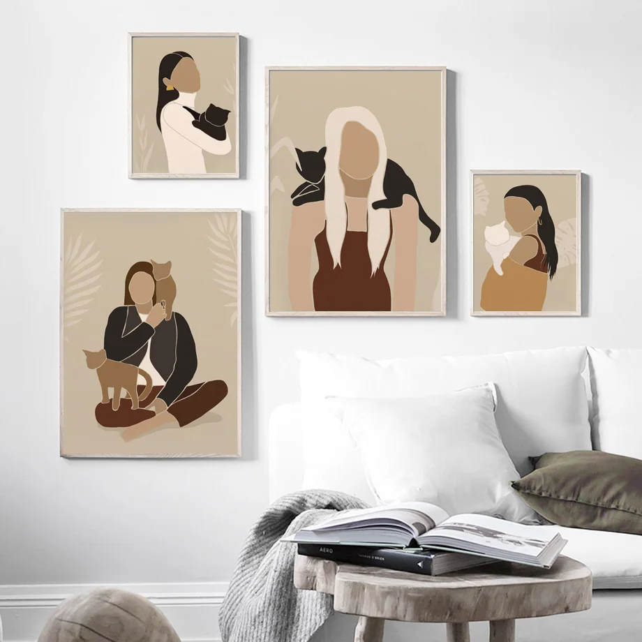 Декоративная печать на холсте "Мода женщина с длинными волосами и оцелот черной кошки" для создания постеров в эстетической комнате.