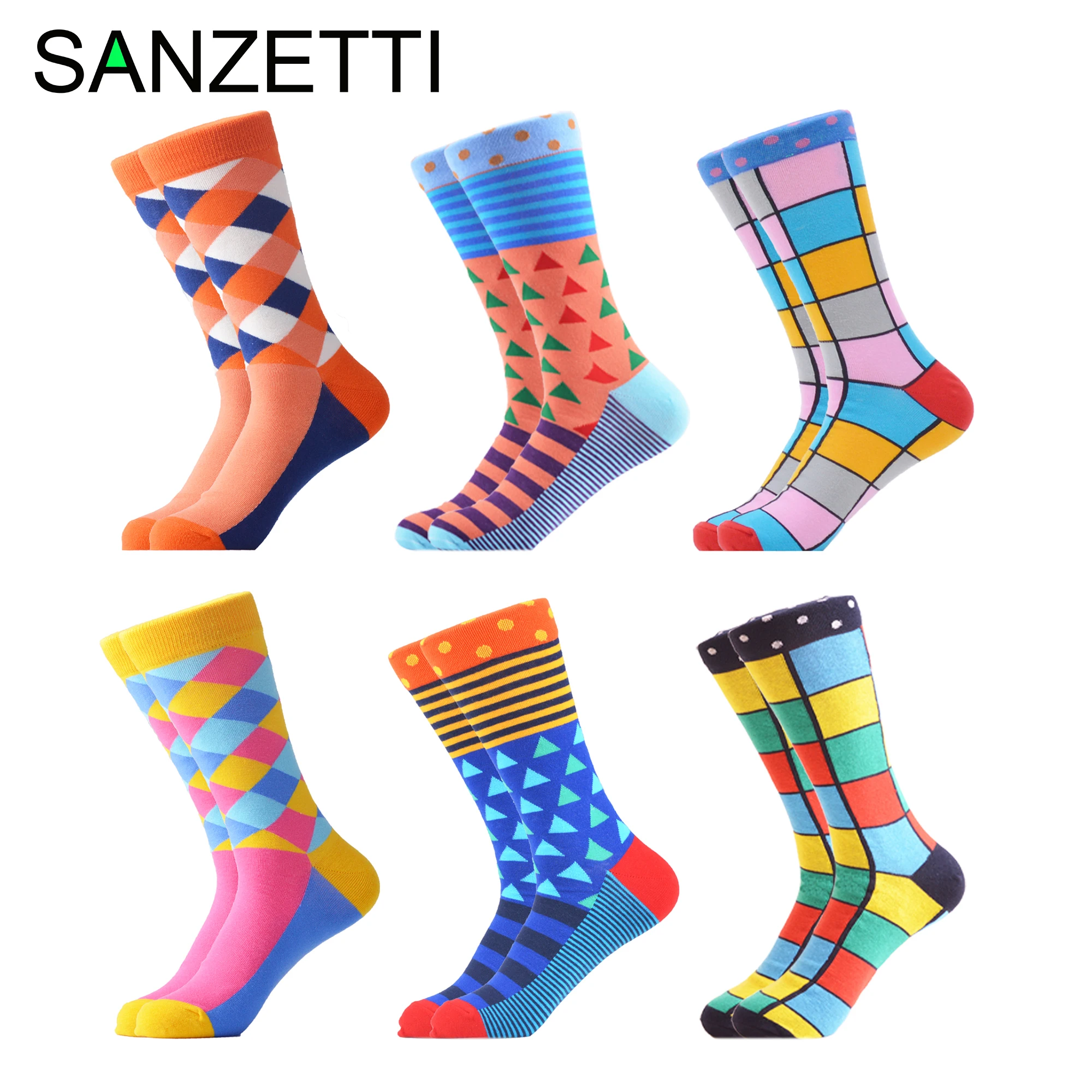 SANZETTI, 6 пар/лот, мужские повседневные носки из чесаного хлопка, Разноцветные носки с забавным узором, удобные носки для дня рождения, свадьбы, вечеринки, подарка