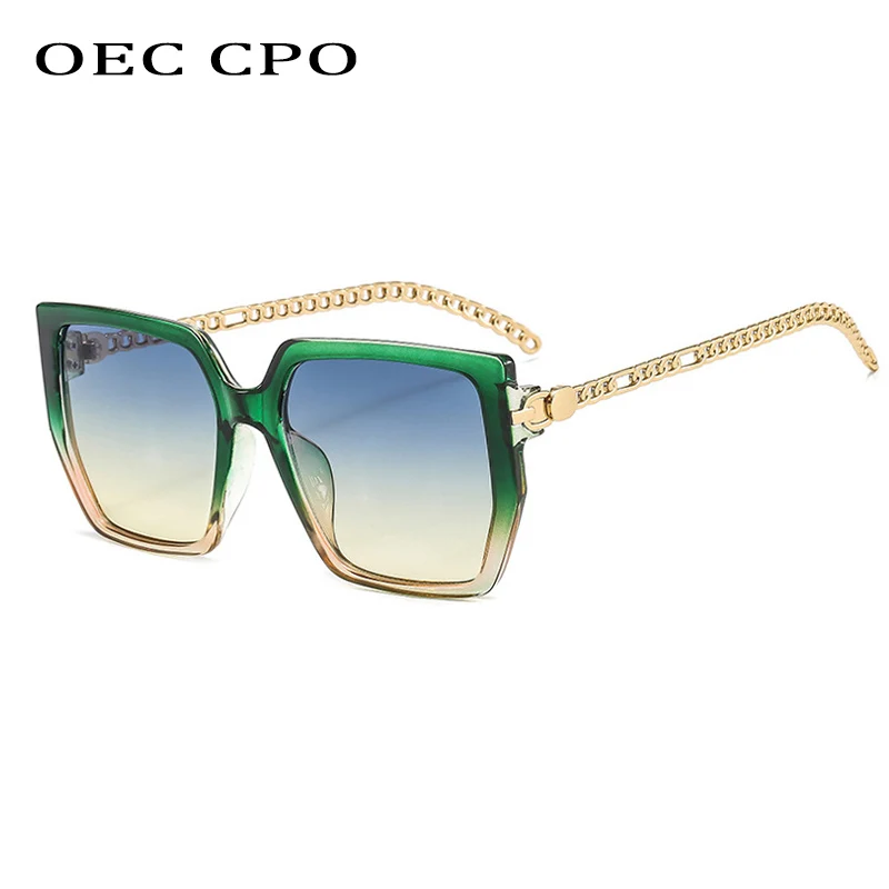 

OEC CPO Oversized Square Sunglasses Ladies Fashion Brand Design Metal Chain Sunglasses For Women Men Green Brown Shade Eyewear