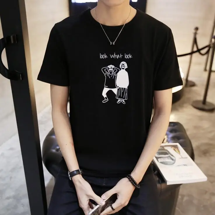 

Men's new summer solid color round collar short sleeved casual Cartoons T-shirt