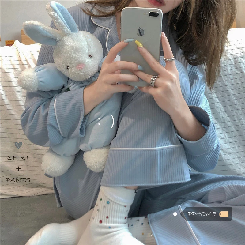 

Home Kotaku Female Pajama Sets Korea-style Girly Cute Sky Blue Vertical Stripes French Pajamas Pajama Pants Two Piece Suits