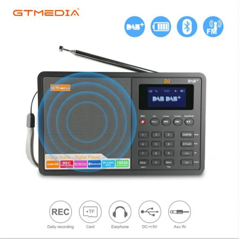 

GTMEDIA D1 Potable Digital Radio DAB DAB+ FM RDS Radio LCD Display Bluetooth Support TF Card Alarm Clock Recorder Sleep Time