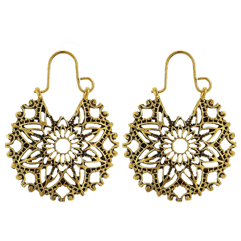 Docona Ретро Мандала Цветок Висячие серьги для женщин полые геометрические