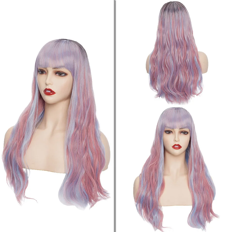 

KEKO Long Pink Blue Ombre Anime Wig Halloween Cosplay Wig For Women Heat Resistant Fiber Synthetic Wavy Hair Wigs With Bangs