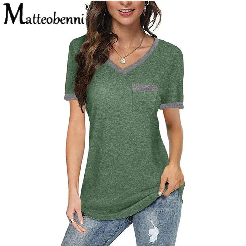 

New Summer T-shirt Plus Size Basic T Shirt Top Women Patchwork Pocket V Neck Short Sleeve Casual Loose Ladies Streetwear T Shirt