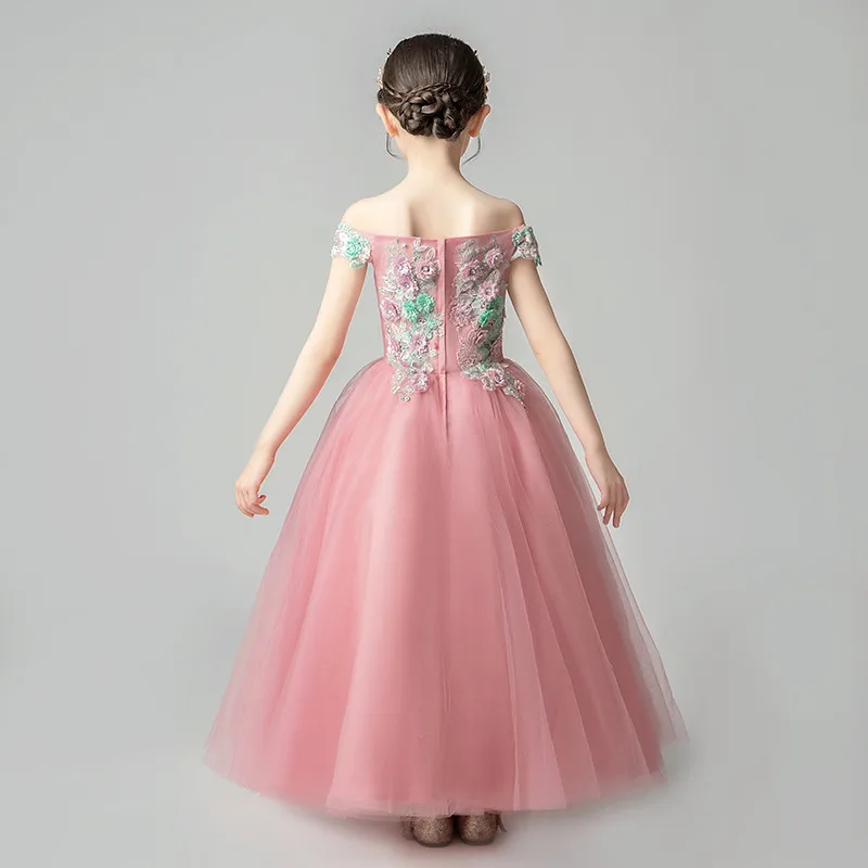 

Summer Sweet Luxury Children Girls Shoulderless Embroidery Flowers Birthday Marriage Party Ceremony Costumes Communication Dress