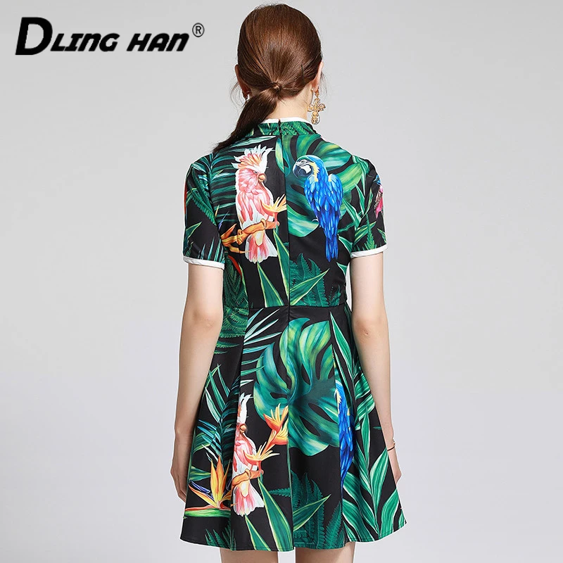 

DLINGHAN Fashion Rainforest Print Dress Women's Beaded Sequins Parrot Short sleeve Dresses Designer Summer New