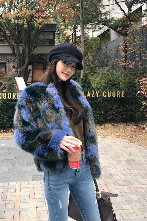 ANSFX, корейское длинное мохнатое пальто из искусственного меха синего контрастного цвета, стильная Женская Толстая теплая куртка с длинным рукавом, верхняя одежда, топы