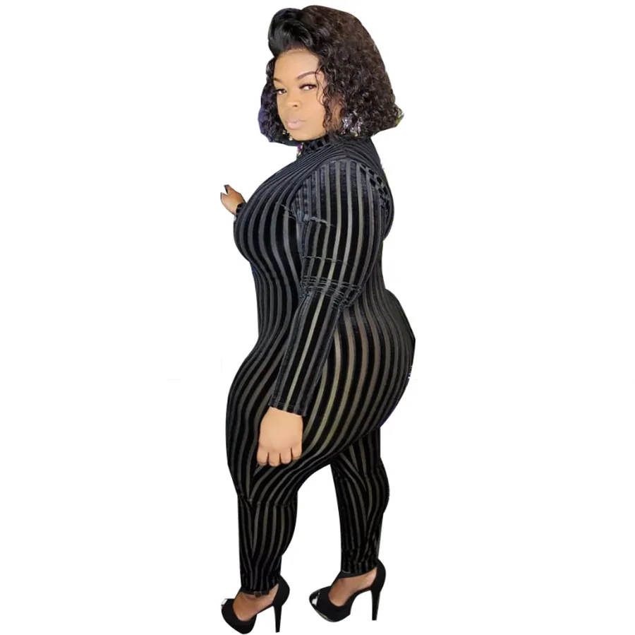 

2021 Autumn Newest Striped Women Jumpsuits Mesh flocking Sexy Lady's Zipper V+neck Full Sleeves Skinny Rompers