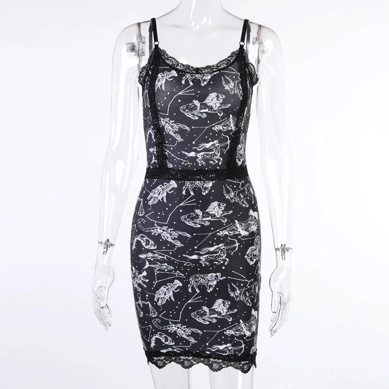 

Summer Spaghetti Mini Dress Diablo Style Lace Patchwork Printed Sling Dress