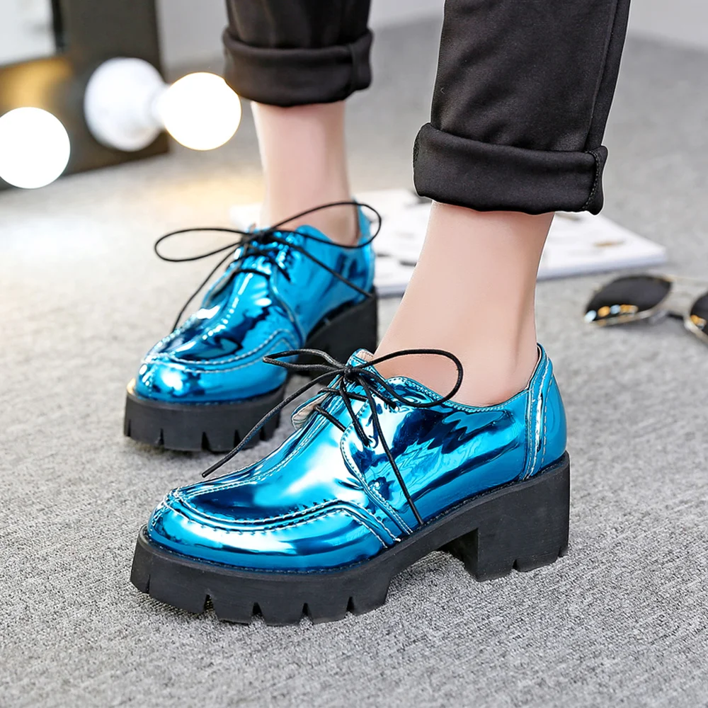 

Womens Retro Round Toe Patent Leather Brogues Lace Up High Chunky Heels Shoes Platform 5Colors New N02