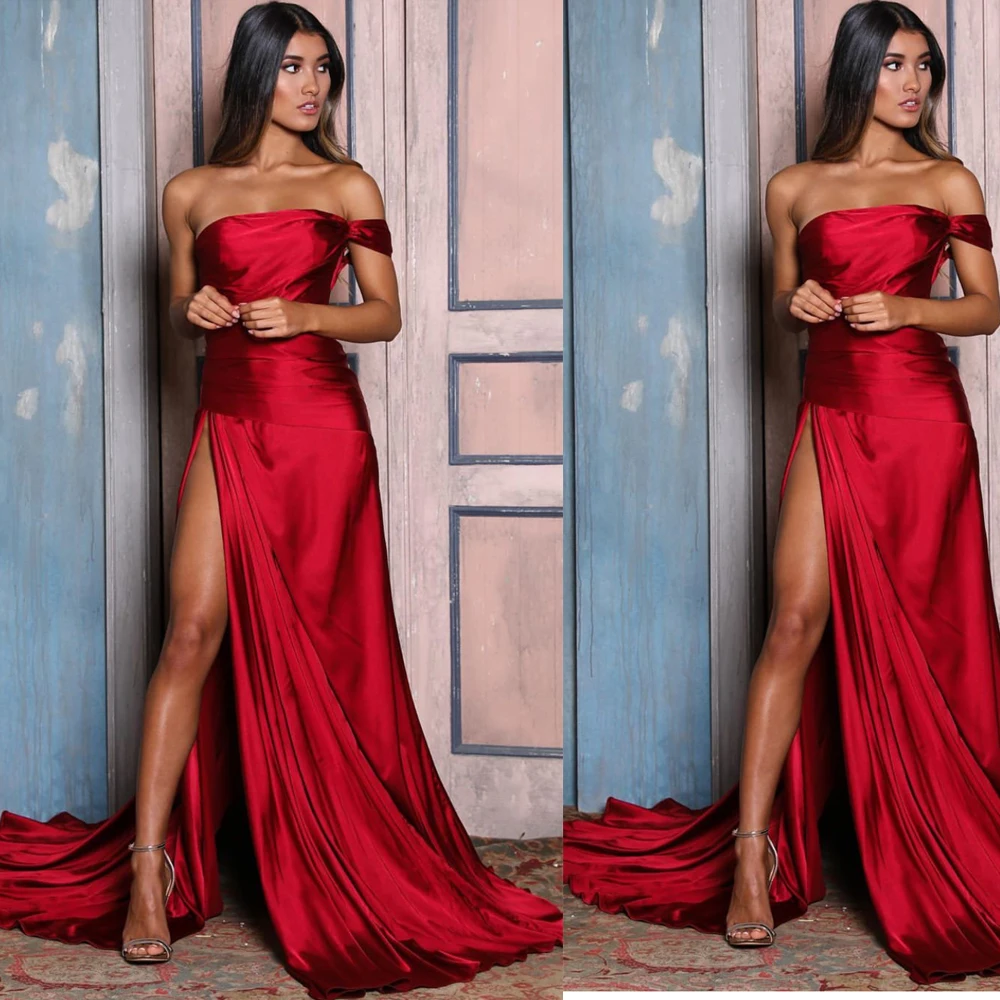 

Сексуальные Выпускные платья 2020 с открытыми плечами, Боковым Разрезом и без бретелек, Сексуальные вечерние платья, красные официальные пла...