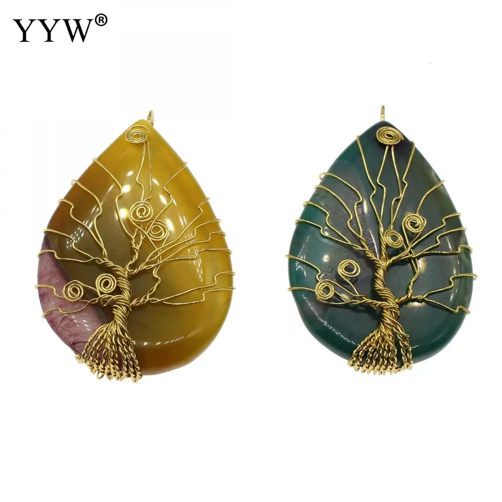 Латунь дерево шаблон кружева подвеска агат форма капли случайный цвет желтый