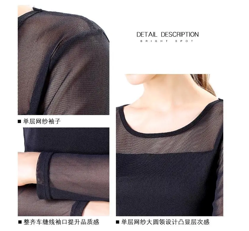 2019 весна осень черная сетка пэчворк Сращивание футболка женская с длинным