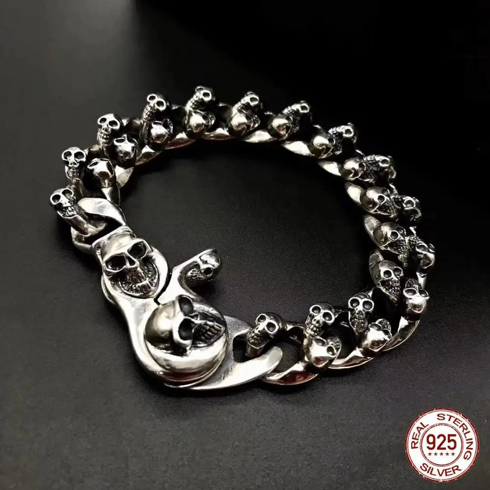 Тяжелый Для мужчин браслет 925 пробы череп серебряного цвета розовый кварц