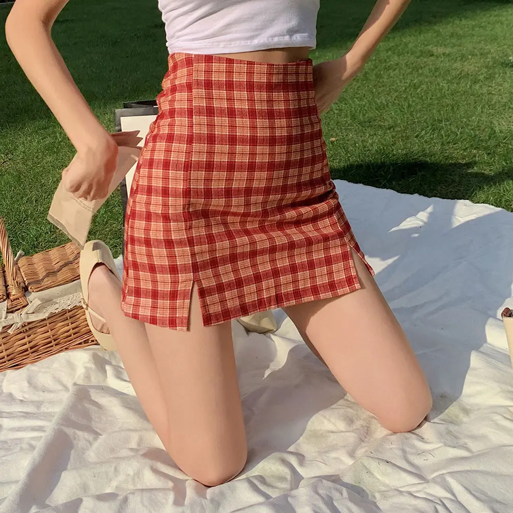 

Women Split Details Plaid Mini Skirt with Under Shorts Mini Skort In Check clothes brandy clothing taille vintage dropshipping