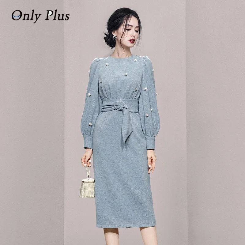 

Only Plus Winter Pullover Flower Beads O-neck Solid Dress Lantern Sleeve With Belt Sheath Dresses Draped Evening Party Vestidos