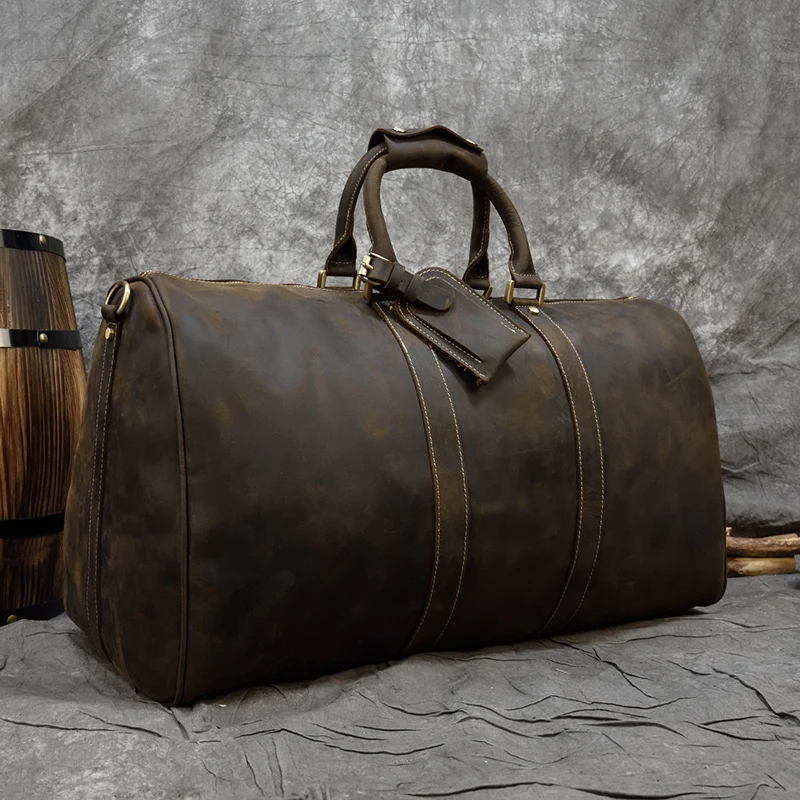60cm Vintage Mens Leather Travel Bag Real Leather Weekender Bag Overnight Travelling Handbag For 3 days  Business Travel