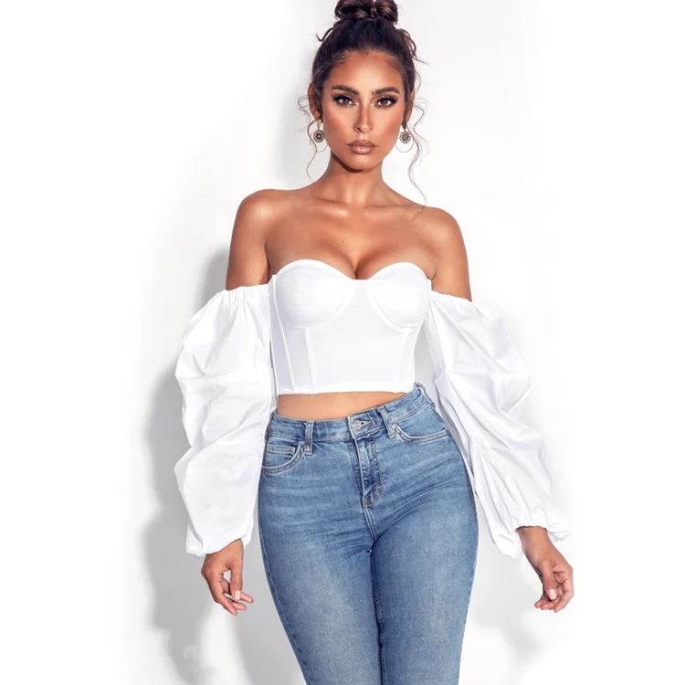 

2021 Fashion Puff Sleeve Elegant Crop Tops Blouses Spring Fall Off Shoulder Long Sleeve Vintage Shirts Blouse Female Solid Color