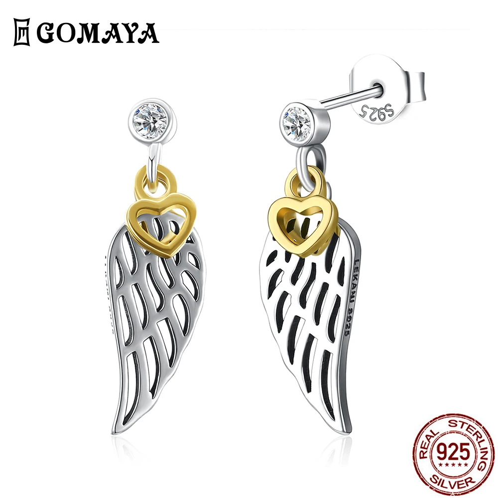 

GOMAYA 925 Sterling Silver Pretty Vintage Wings Tiny Heart Stud Earrings Cubic Zirconia Fine Jewelry Romantic Girlfriend Gift