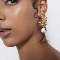 bohemian golden semi circular leaf drop earrings ladies metal c shaped imitation pearl dangle earrings jewelry simple