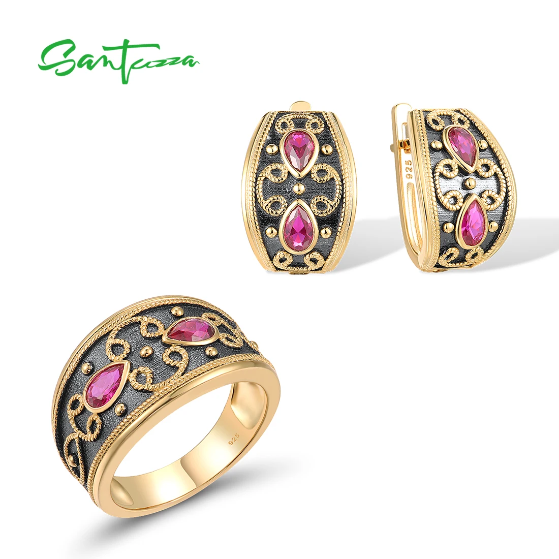 

SANTUZZA 925 Sterling Silver Jewelry Set For Women Pear Lab Created Ruby Gold Plated Earrings Ring Luxury Wedding Fine Jewelry