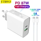 UTBVO USB-C PD87W адаптер питания, 1 порт PD87W65W настенное зарядное устройство для ноутбуков MacBook iPad Pro,1 порт USB A 2.4A для Samsung iPhone12