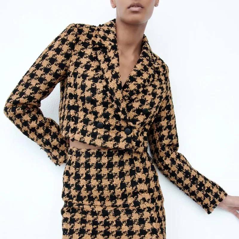 

Women Autumn Casual ZA Short Blazers Coats 2021 Plaid Veins Double Breasted Female Fashion Street Blazer Outerwear