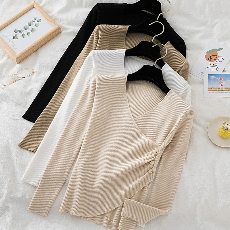 

Irregular Sexy V-Neck Long Sleeve Pullovers Knitted Sweater Women 2021 Winter Sweaters Chic Knitwear Korean Woman Clothes Fall