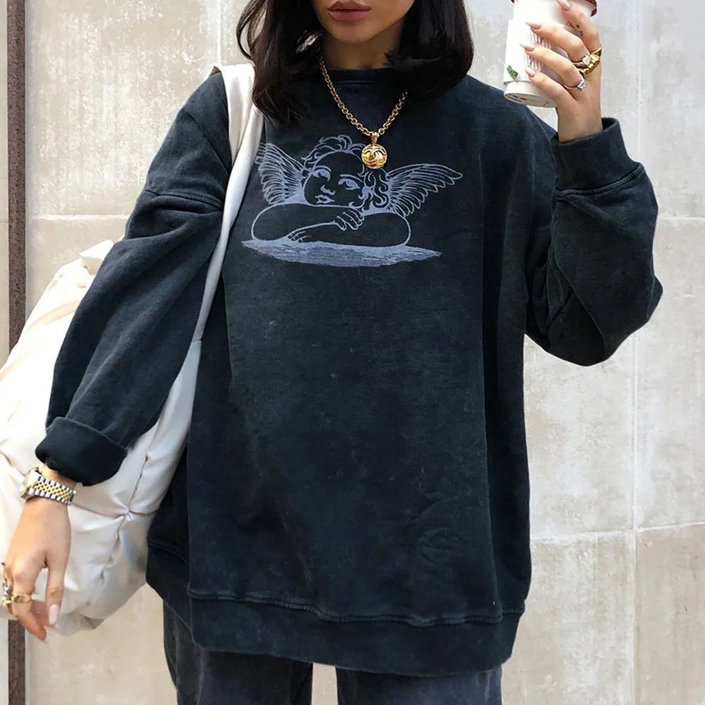 

Women Hoodie New Autumn Winter Solid Color Round Neck Angel Printing Long Sleeve Design Hipster Loose Fashion High Street 2021
