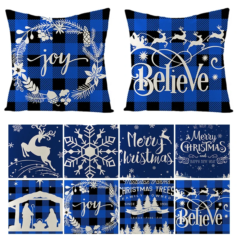 

Christmas Style Pillowcases Blue Printing Cushion Cover Comfortable Breathable Pillowcases Dust-proof Washable Household Items