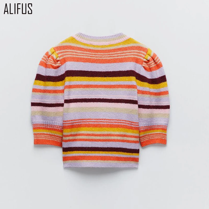 

Fall 2020 new women's retro short knitted rainbow stripes color matching thin and thin pullover sweater