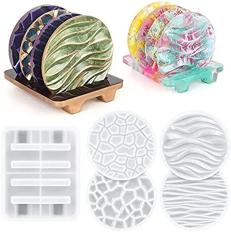 

DIY Coaster Molds Kit for Resin Casting Round Resin Coaster Mold with Coaster Holder Mold Wave Diamond Pattern Silicone Coaster