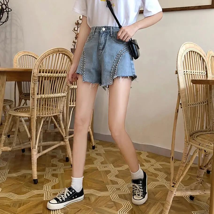 

Jean Shorts 2020 Korean High Street Fashion Women Shorts Rivet High Waist Denim Shorts Female Zipper Irregular Shorts r154