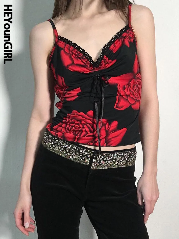

HEYounGIRL Rose Print V Neck Women Camisole Tee Folds Sleeveless Goth Crop Tops Aesthetic Clubwear Summer New Tank Top Harajuku