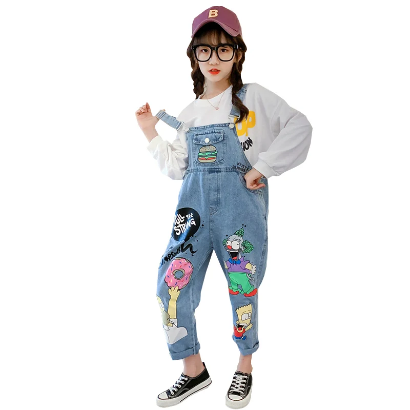 

Комбинезон джинсовый для девочек-подростков, свободный школьный комбинезон с принтом граффити, одежда для детей