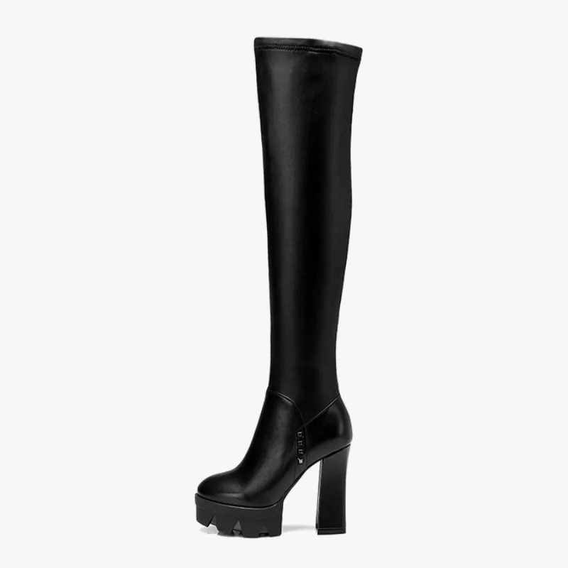 Kopen Winter Over De Knie Vrouwen Mode Zwarte Platform Hak Stretch Lange Schoenen Ronde Neus Koe Lederen Dij Hoge Laarzen