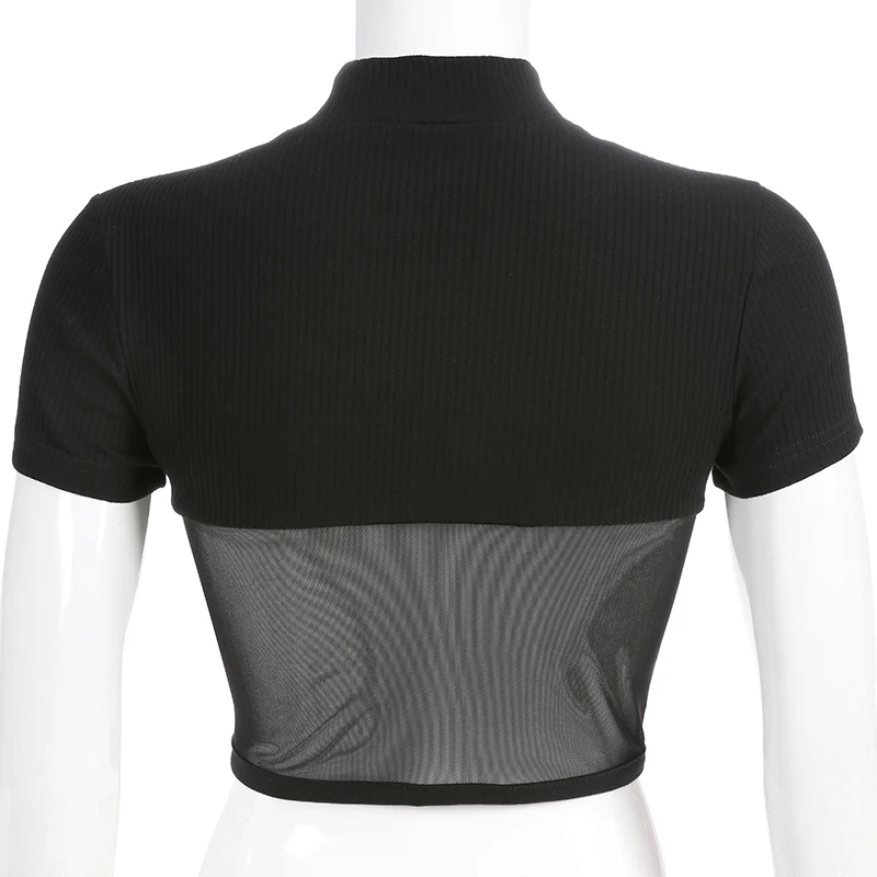 

Patchwork Black Mesh Ladies T Shirt Casual Harajuku Short Sleeve T Shirt Women Sexy Crop Tops Tees Summer