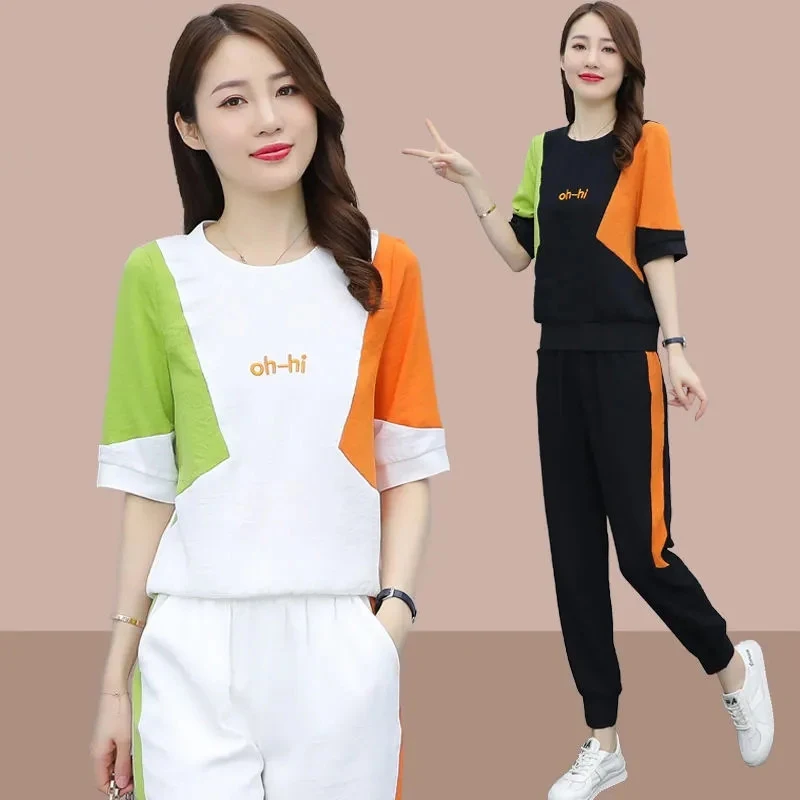 

Fashion Spliced Tracksuit Two Piece Set Women Vintage Embroidery Half Sleeve Top Summer Loose Pant Casual Solid Plus Size Outfit