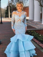 sexy sky blue lace long sleeve evening dresses mermaid 2020 ruffles open back formal party evening gowns prom for women robe de