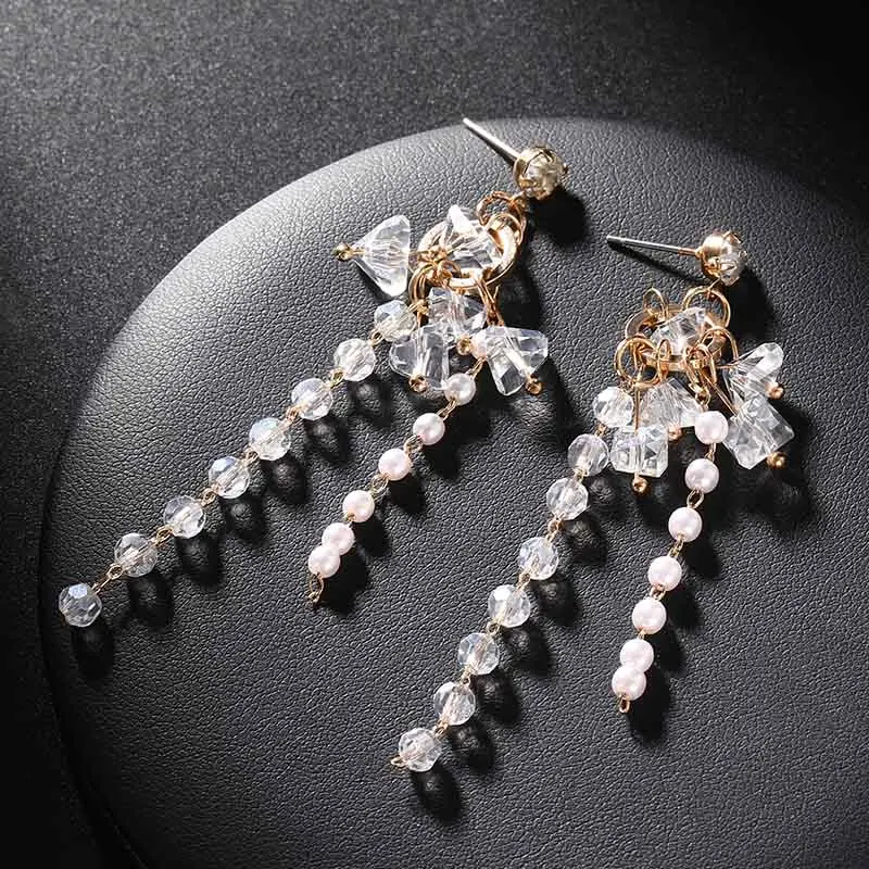 В Корейском стиле себе Роскошные Стразы с жемчугом и бисером длинной бахромой