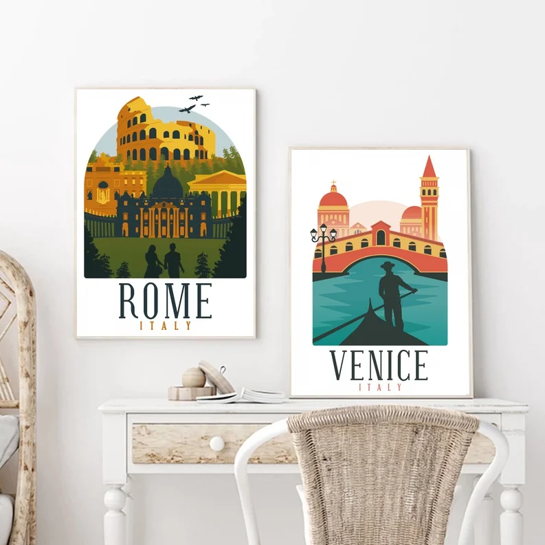 

Retro Vintage Rome Italy,Venice Travel Landscape Painting Canvas Poster