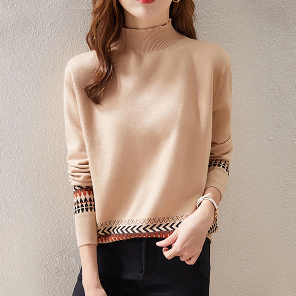 

2021 Sweater Thicken Knit Sweater Long Sleeve Slim Fit High Neck Stitching Contrast Color OL Commuter For Women Bottoming Top