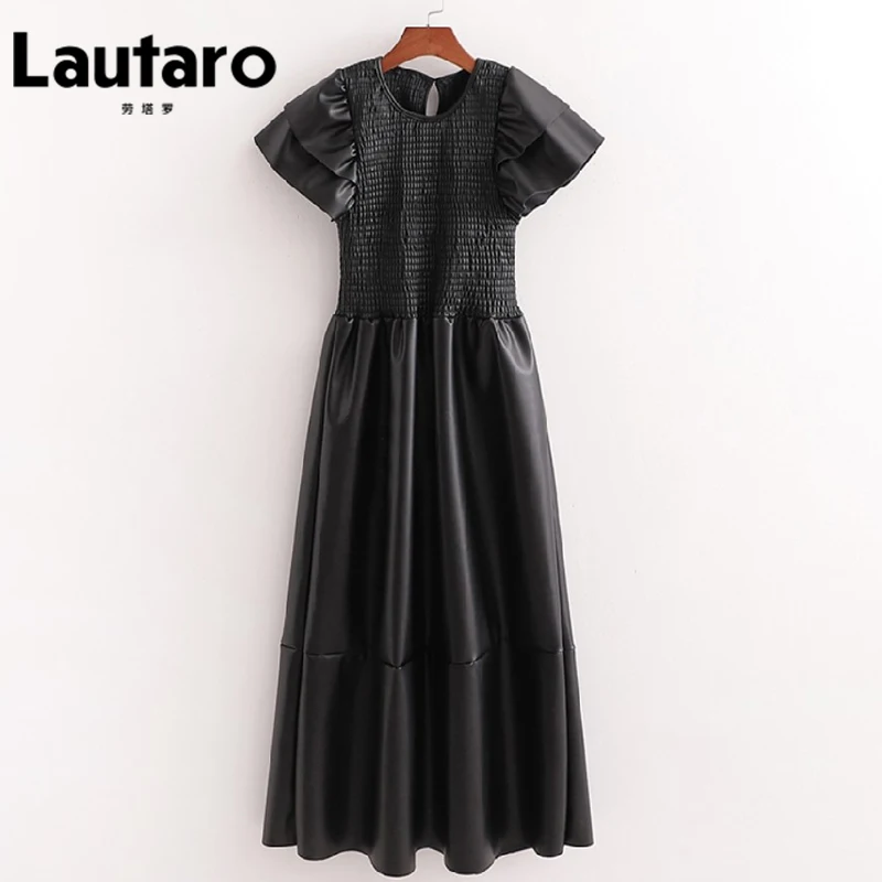 Lautaro Длинное мягкое черное кожаное платье стрейч Элегантные дизайнерские