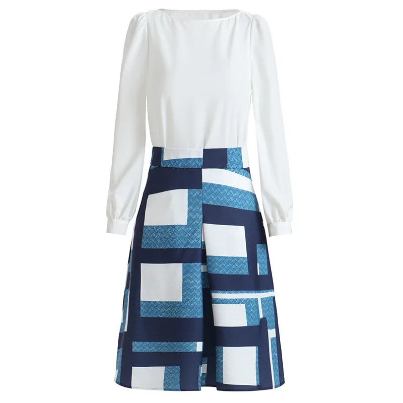 

Tracksuit Women Two Piece Set Full Sleeve Chiffon White Shirt And Blue Plaid Midi Maxi Skirt Suits Elegant Fashion Clothing Ropa