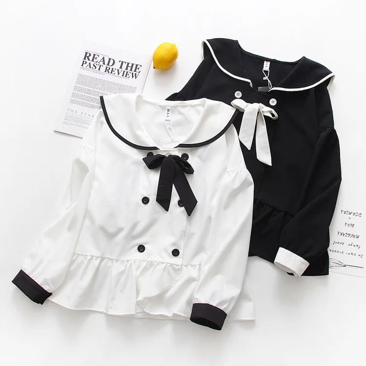 Blusa feminina японская школьная форма Мори девушки японский Harajuku стиль длинный рукав матросский воротник белый черный блузка с бантом