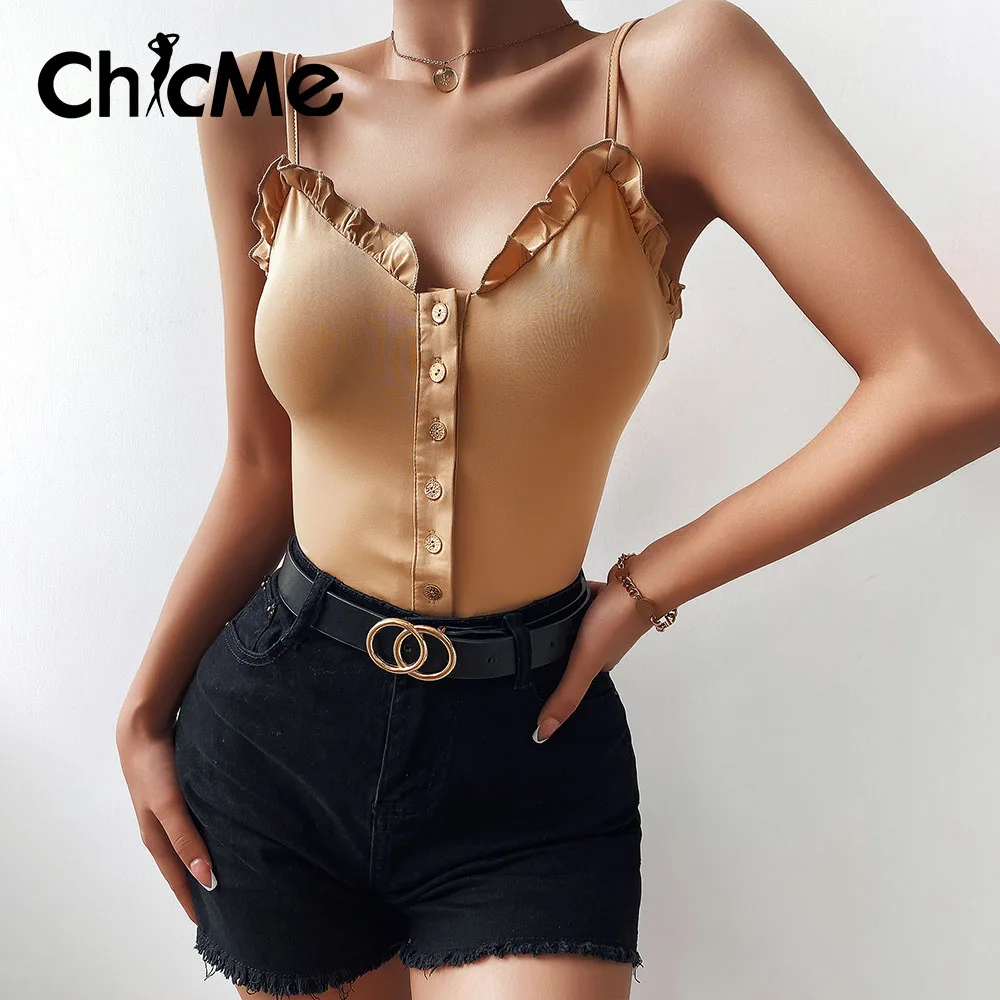 

Chicme Summer Women Frill Hem Button Front Skinny Cami Top Casual V Neck Sleeveless Spaghetti Strap Basic Tops