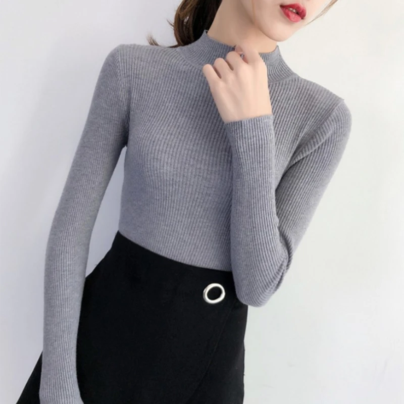 

L5YC Women Autumn Mock Turtleneck Sweater Ribbed Knitted Long Sleeve Pullover Tops Solid Color Basic Layering Slim Jumper
