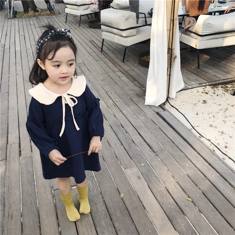 Spring Summer Korean style pure cotton yarn doll collar long sleeve dresses for girls cute kids all-match princess dress | Детская